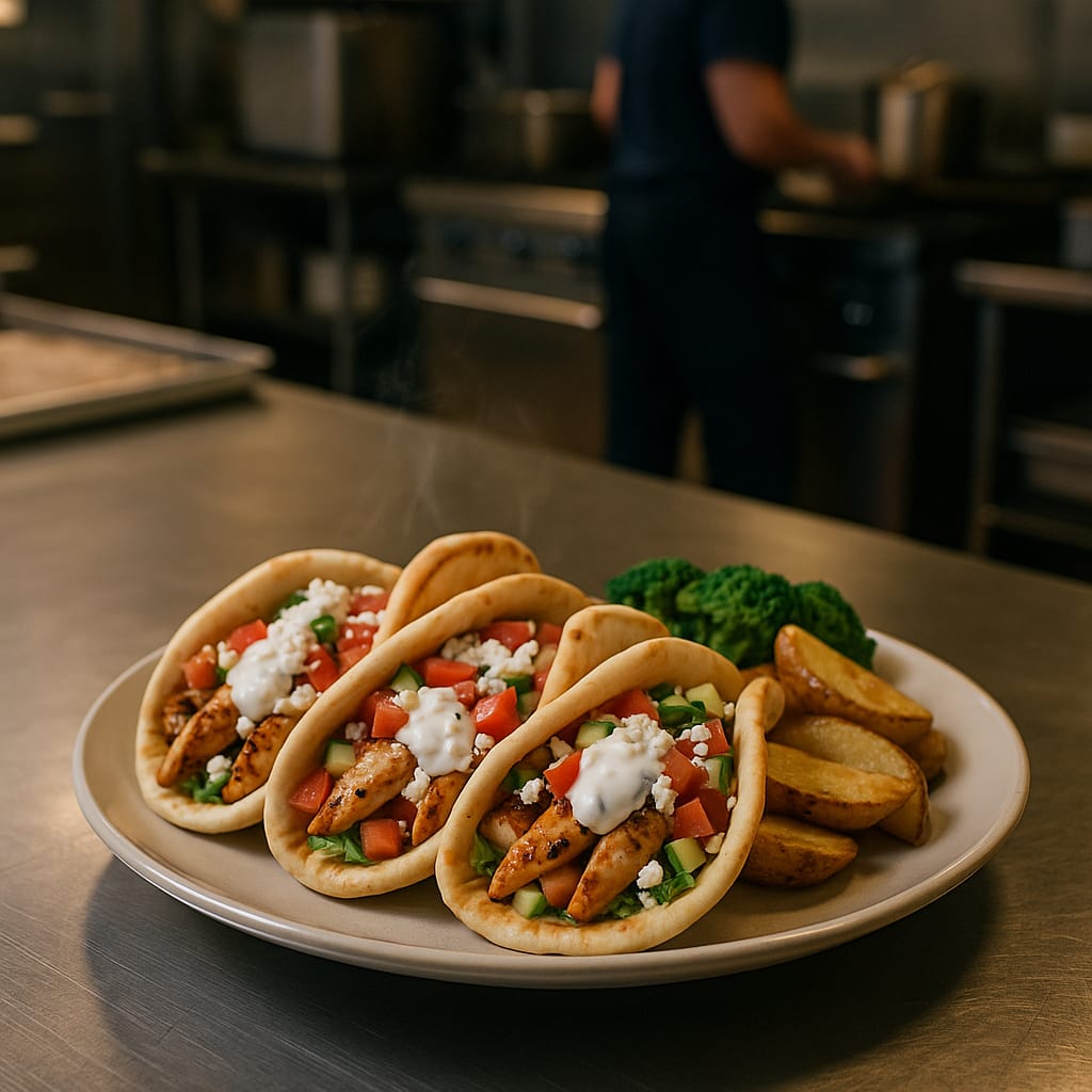 Greek Chicken Pitas — pita breads, cucumber, tomatoes, red onion, tzatziki, crumbled feta, potato wedges, and broccoli
