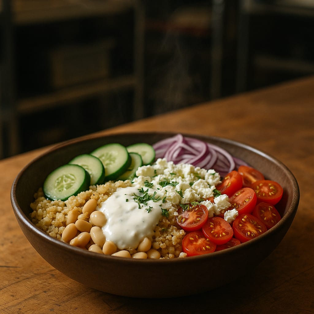 Greek Yogurt & White Bean Power Bowls — warm white beans and quinoa with a lemon Greek yogurt sauce, feta, and vegetables