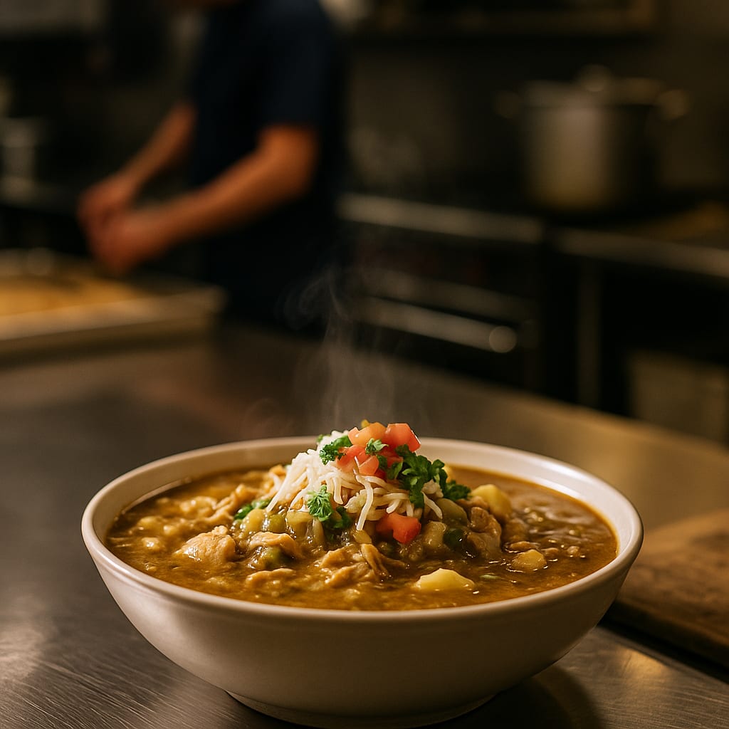 Green Chile Chicken Stew — tomatillos, cannellini beans, cilantro, cheese, and tomatoes