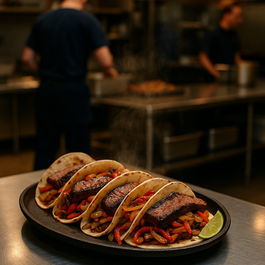 Grilled Flank Fajita Bar — flank steak, bell peppers, onions, flour tortillas, and lime