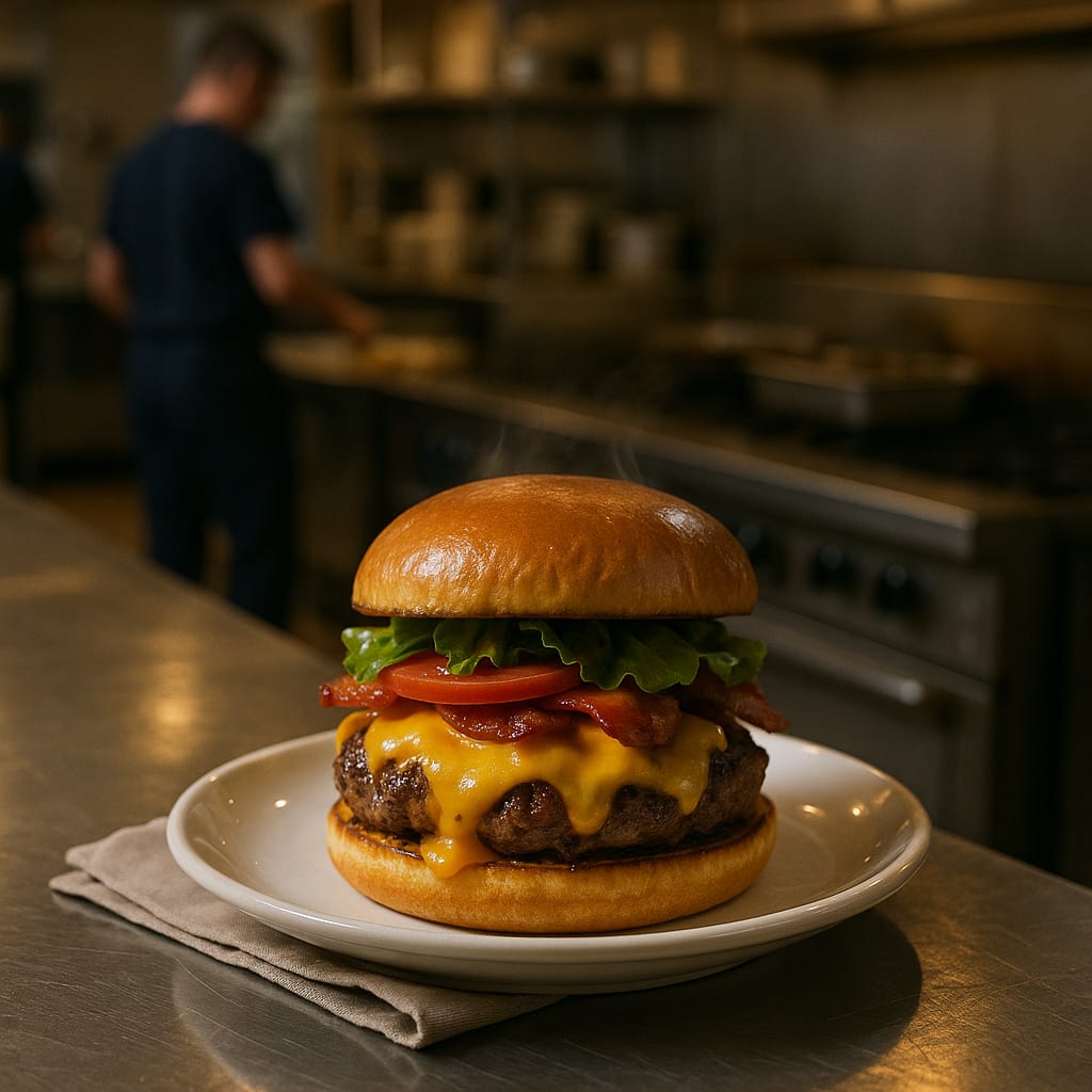 Hall Burger Bar — burger bun, ground beef patty, American cheese, bacon, lettuce, and tomato