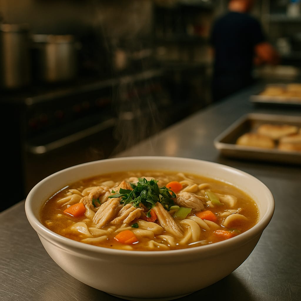 Hall Chicken Noodle Soup — egg noodles, carrots, celery, and parsley