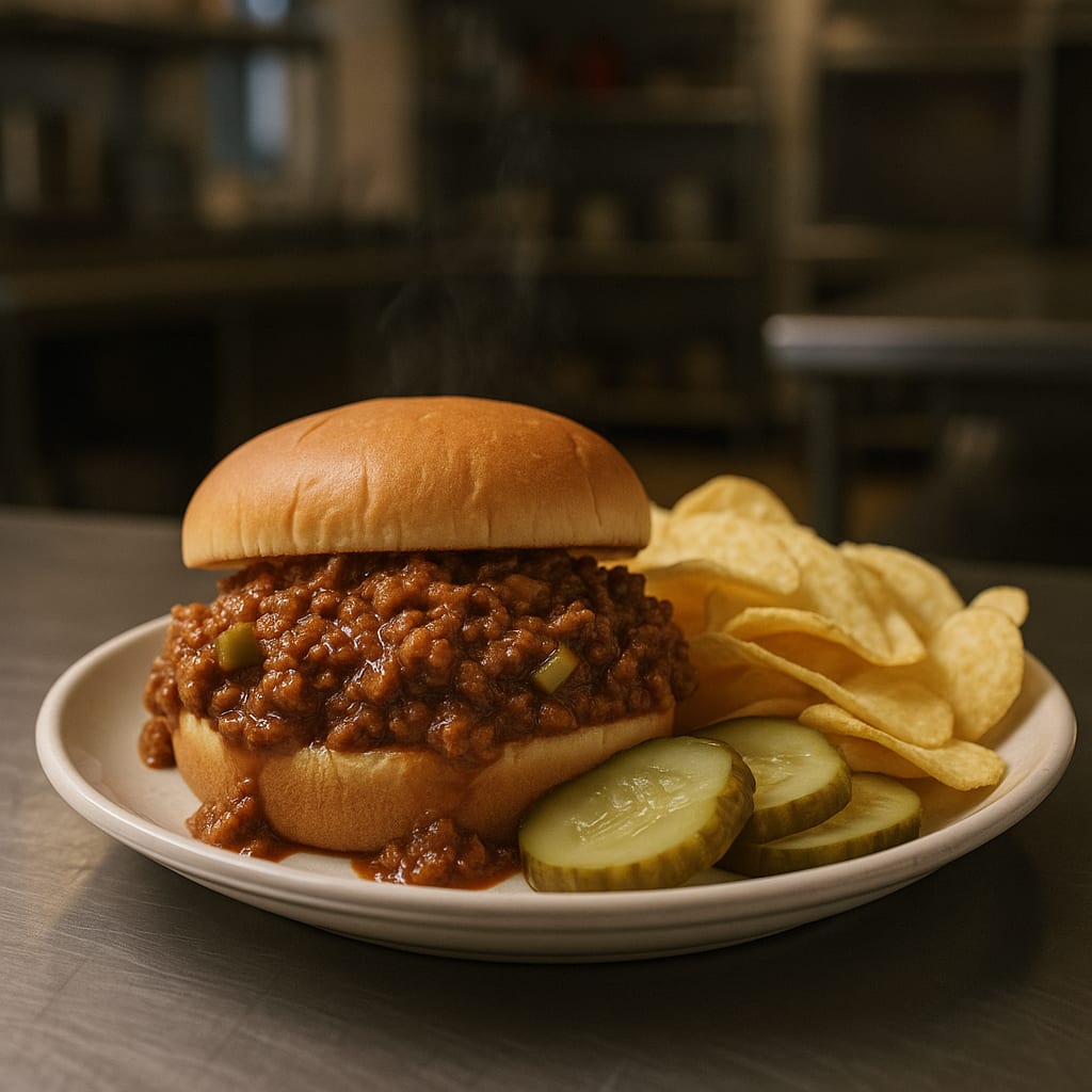 Hall Sloppy Joe Feed — ground beef, hamburger bun, dill pickle chips, and potato chips