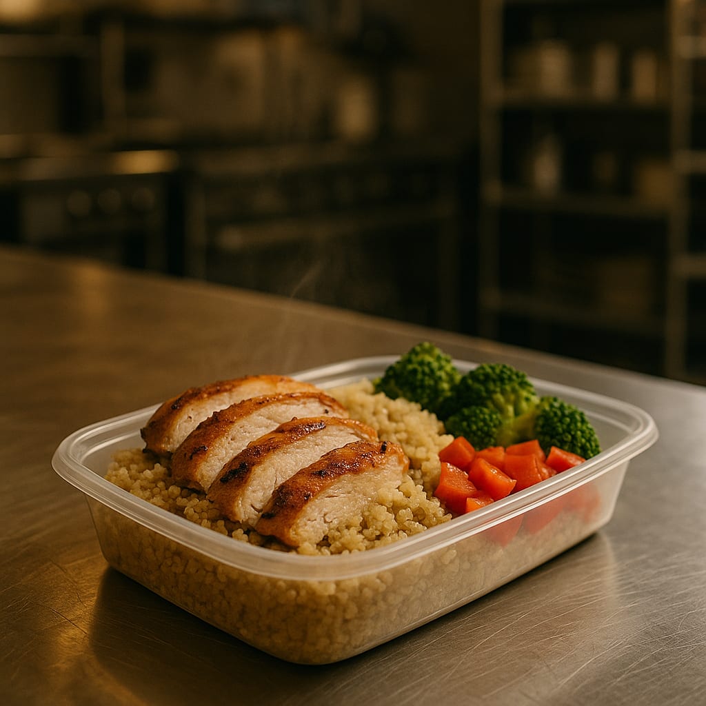 High-Protein Chicken & Quinoa Meal-Prep Bowls — chicken thighs, broccoli florets, and bell pepper