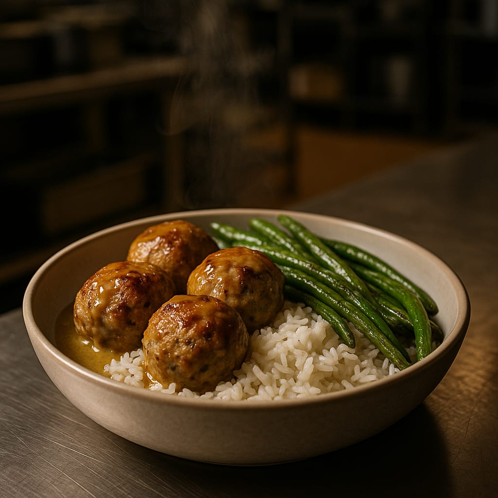 Honey Mustard Turkey Meatball Bowls — jasmine rice, green beans, and honey mustard sauce