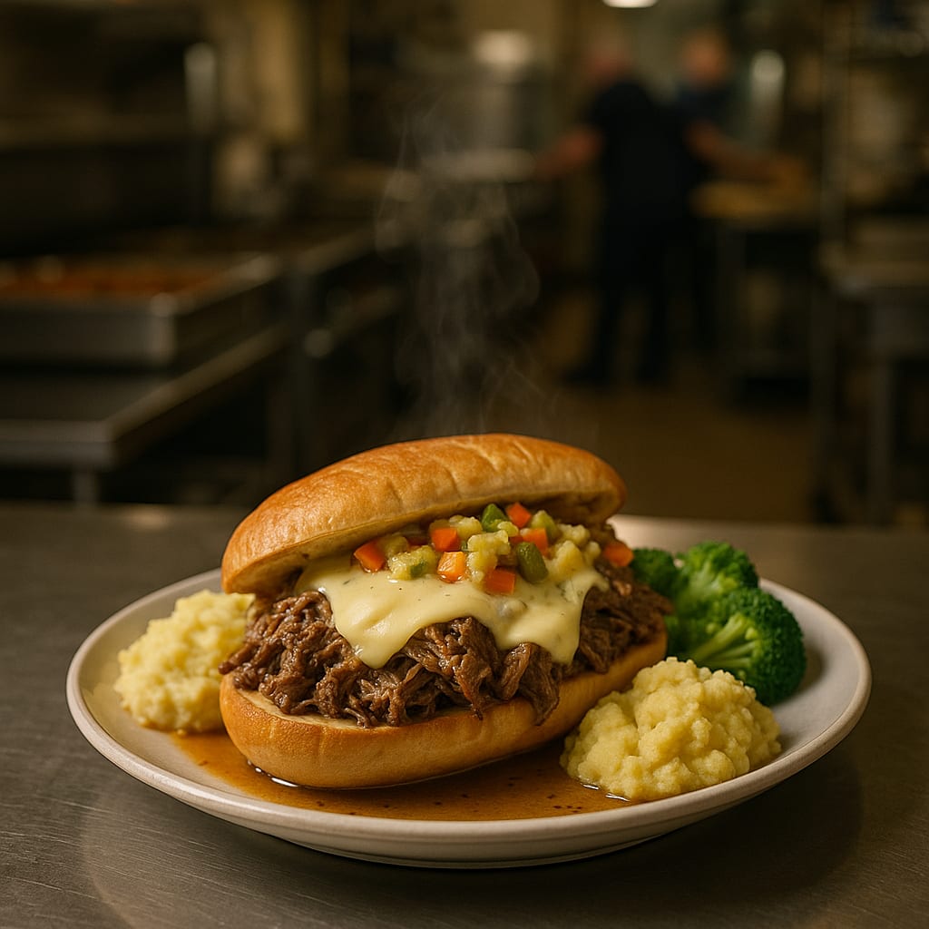 Italian Beef Slow Cooker Sandwiches — chuck roast, giardiniera, hoagie roll, provolone, broccoli, and mashed potatoes