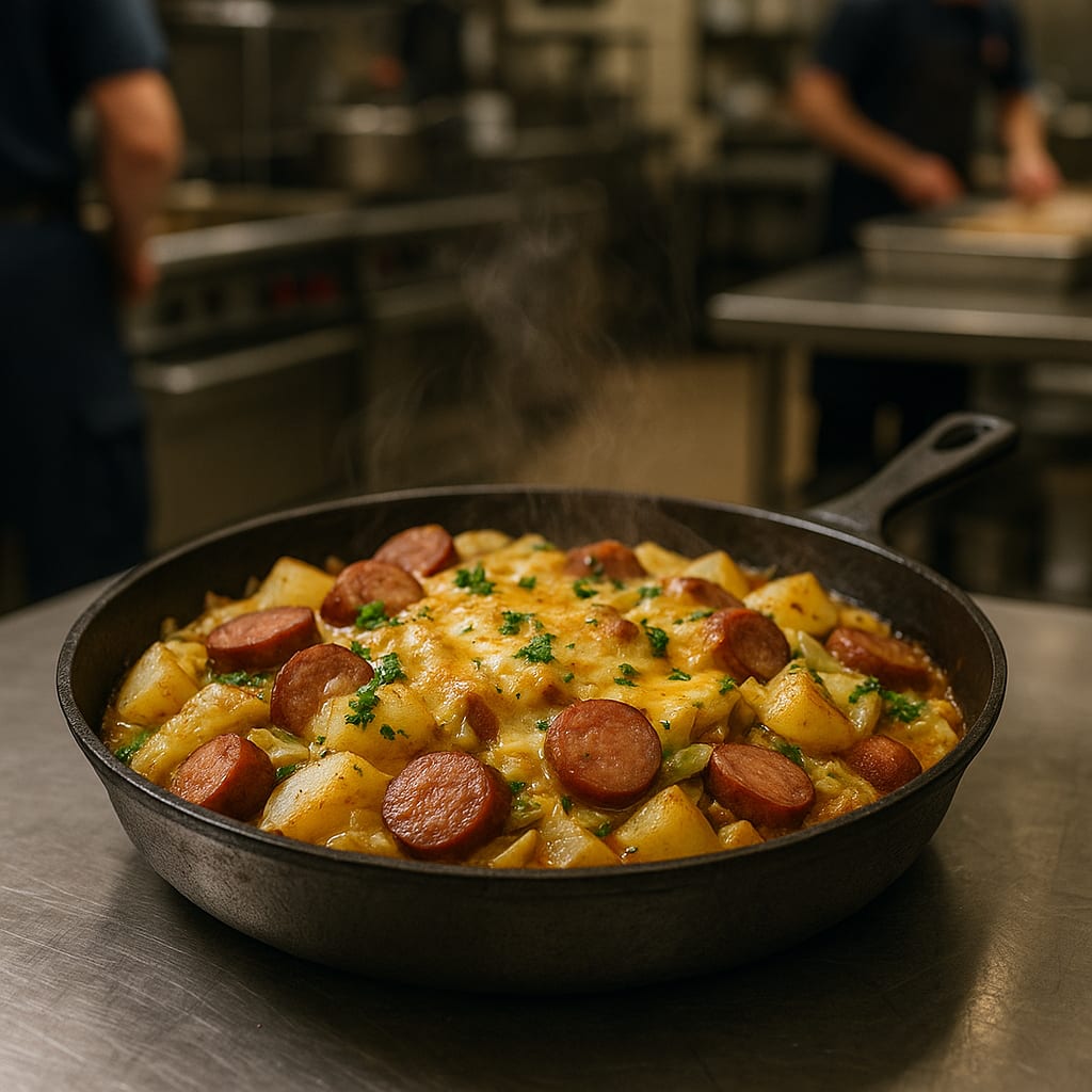 Kielbasa Cabbage Potato Skillet — smoked kielbasa, Yukon Gold potatoes, green cabbage, and yellow onion