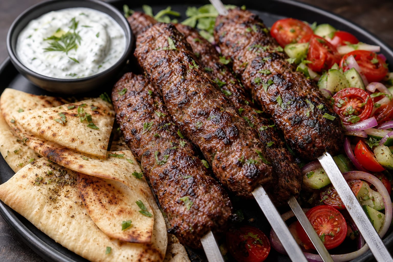 Lamb Kofta Skewer Platter — flatbread, yogurt sauce, cherry tomatoes, red onion, and parsley