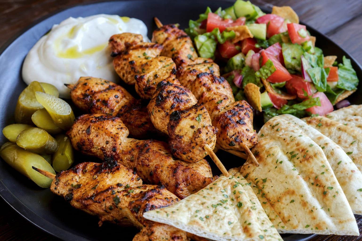 Lebanese Chicken Shish Platter — chicken skewers, toum, pickles, pita bread, and salad