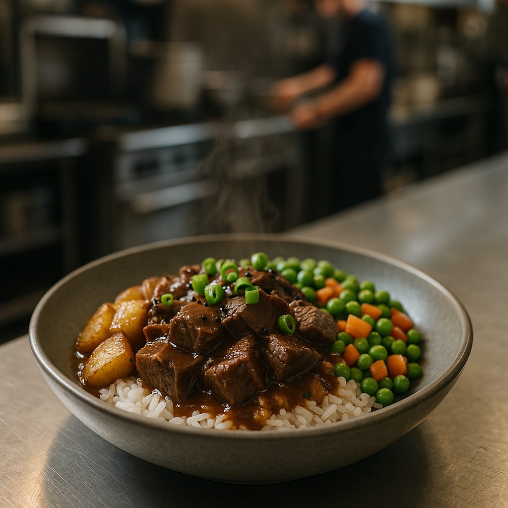 Leftover Roast Beef Bowls — potatoes, peas, carrots, gravy, and rice