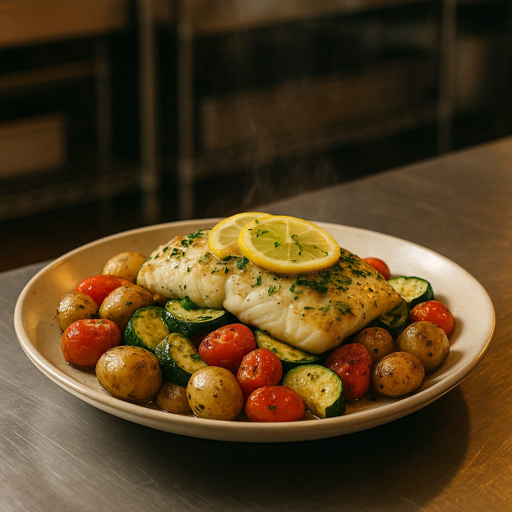 Lemon-Herb Cod with Roasted Vegetables — cod fillet, baby potatoes, zucchini, cherry tomatoes, lemon slices, and parsley