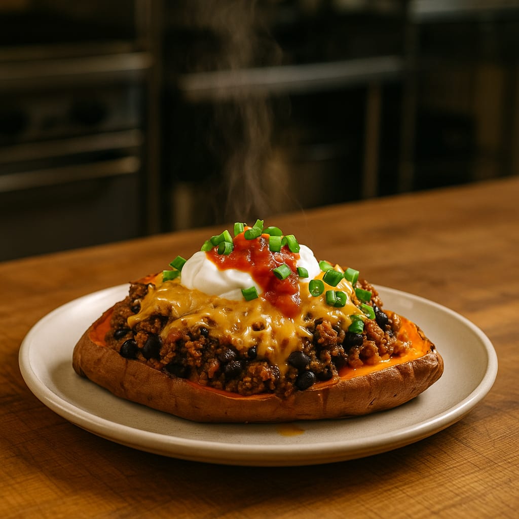 Loaded Firehouse Sweet Potatoes — baked sweet potatoes topped with seasoned beef, Greek yogurt, and cheese, topping-bar style