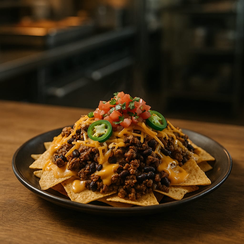 Loaded Nacho Bar Night — tortilla chips, ground beef, queso dip, shredded cheddar, black beans, jalapeño slices, and pico de gallo