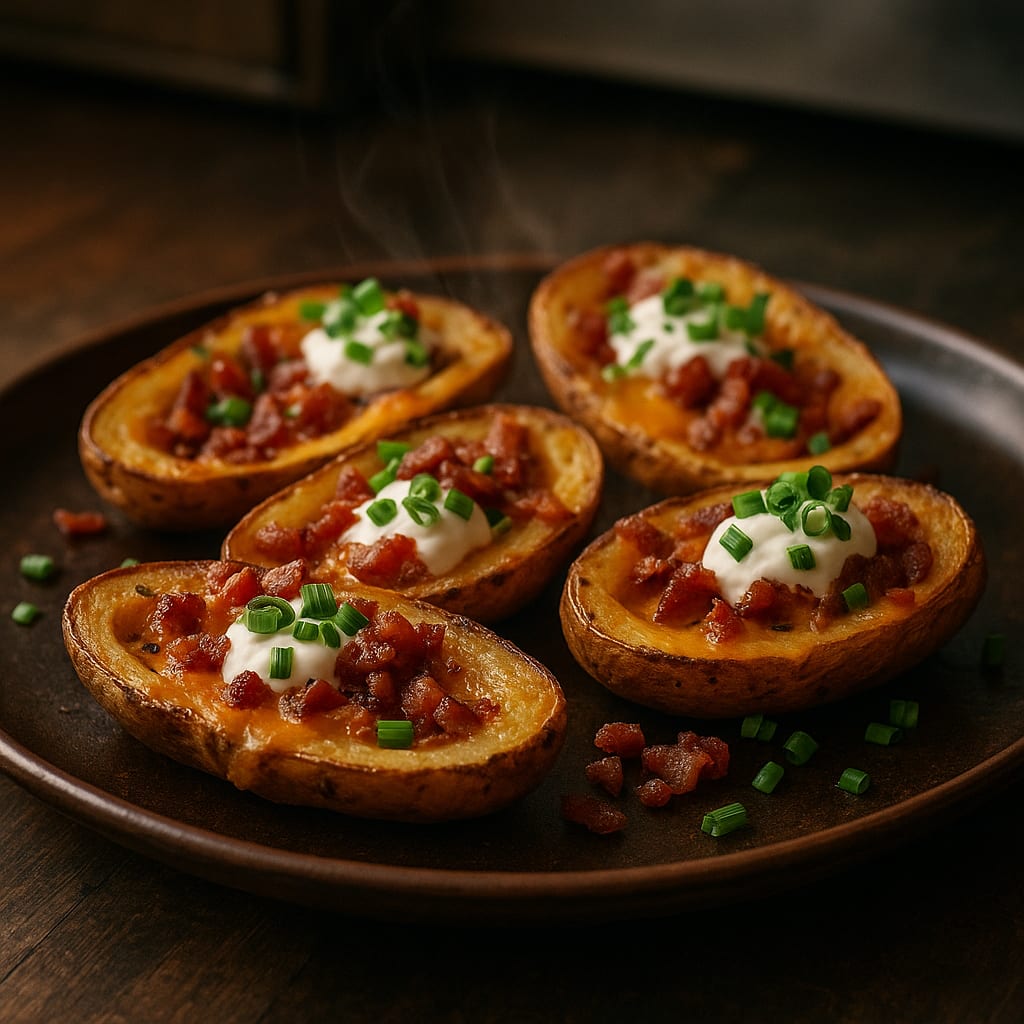 Loaded Potato Skins — russet potatoes, bacon, sharp cheddar cheese, green onions, and sour cream