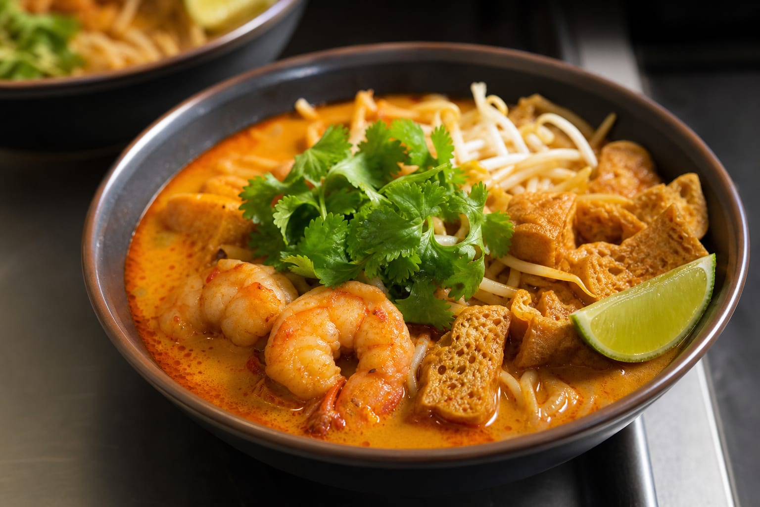 Malaysian Laksa Soup — shrimp, bean sprouts, cilantro, lime wedge, tofu puffs, and noodles