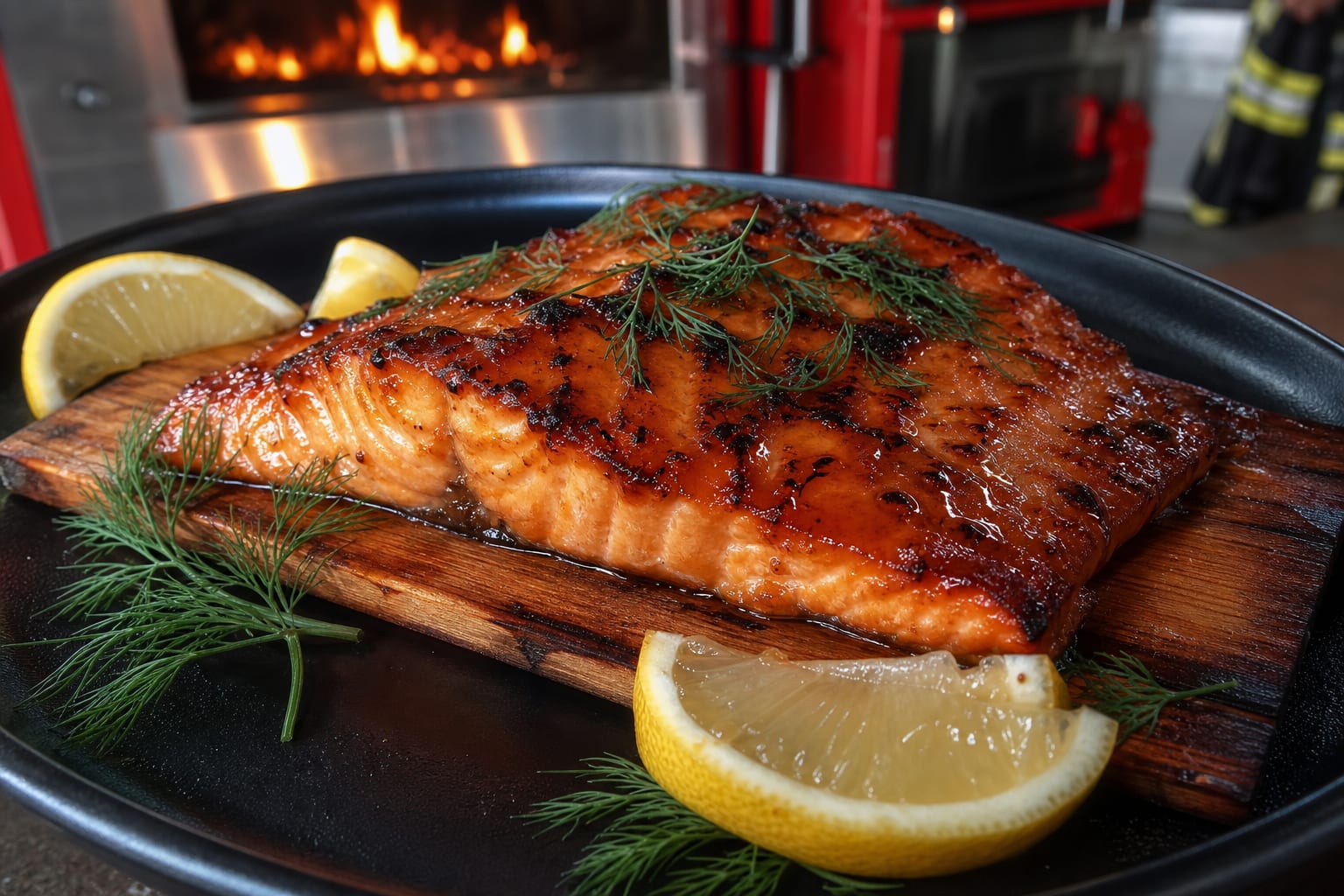 Maple-Cured Salmon Plank — salmon fillet, cedar grilling plank, fresh dill, and lemon