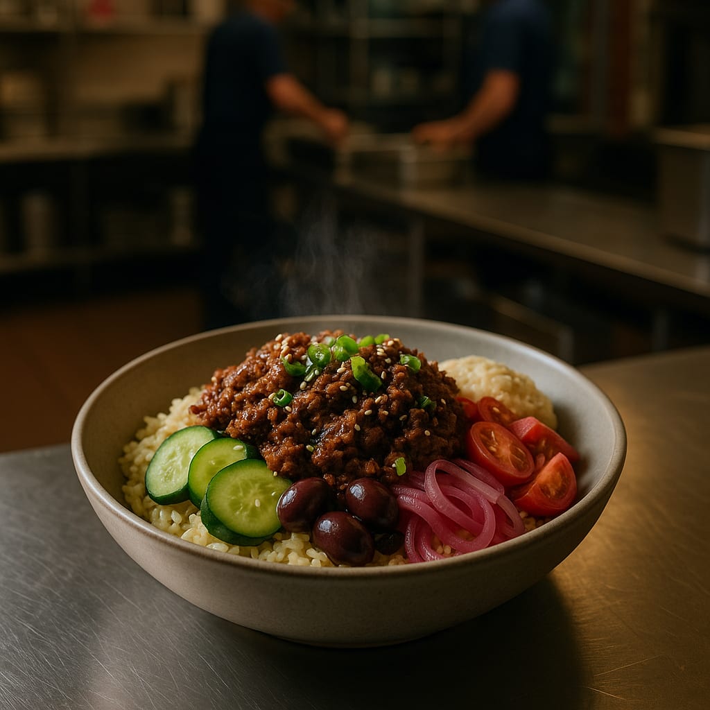 Mediterranean Beef Bowls — ground beef, lemon rice, cucumbers, tomatoes, pickled red onions, and olives