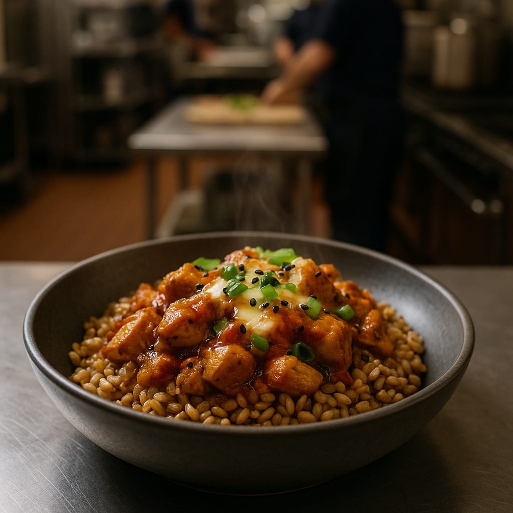 Mediterranean chicken farro bowls with cucumber and hummus