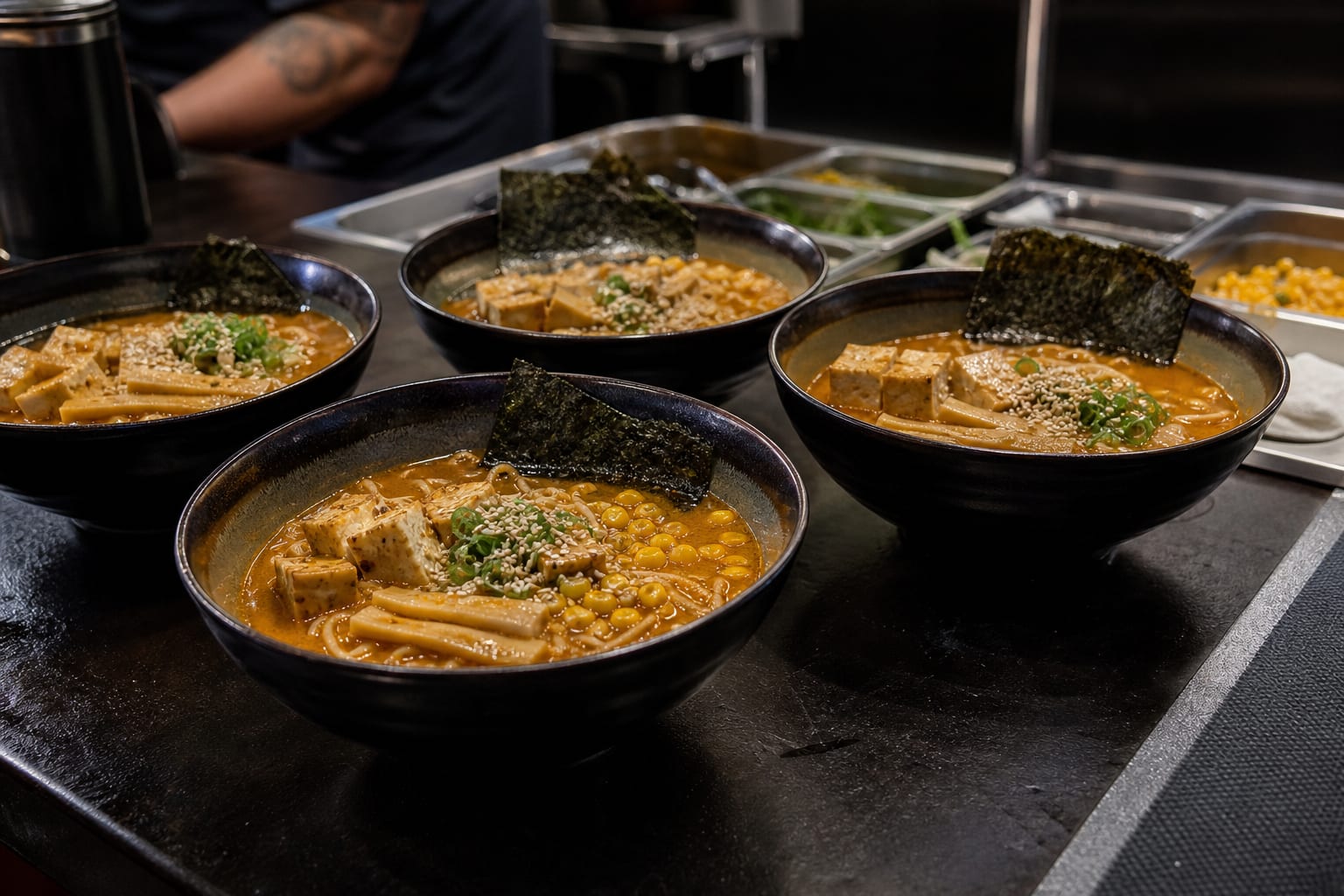Miso Ramen Bar — tofu, corn kernels, green onions, ramen noodles, and nori