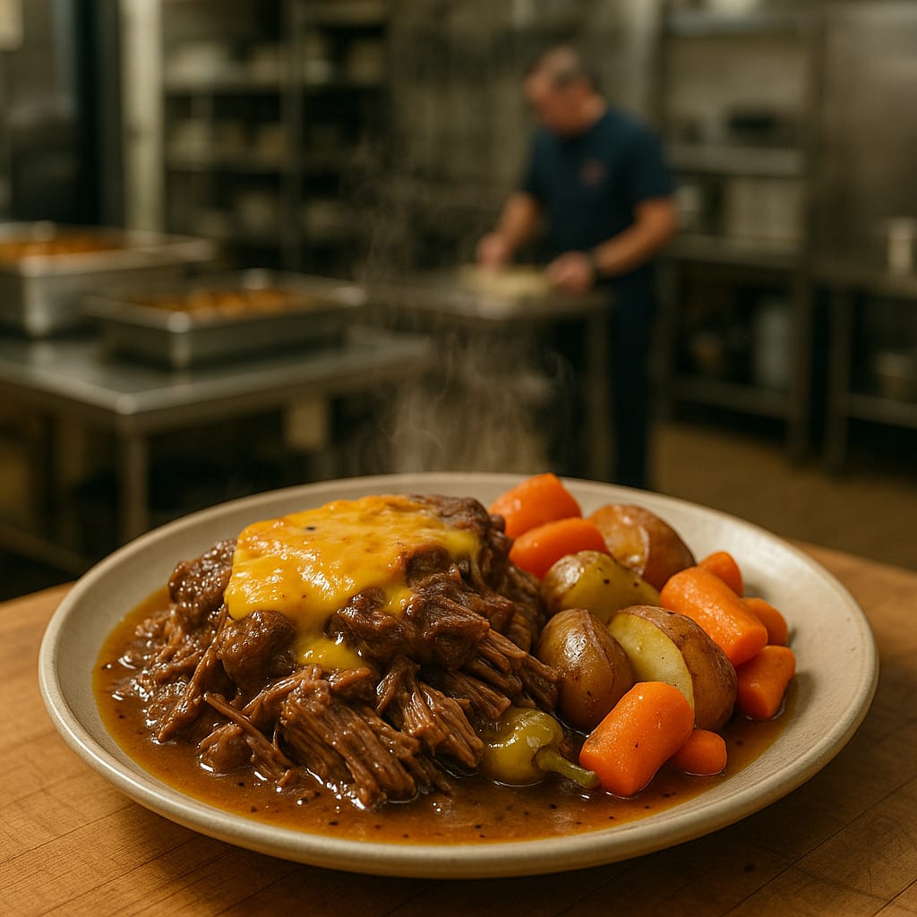 Mississippi Pot Roast for the Crew — chuck roast, pepperoncini, potatoes, carrots, and cheese