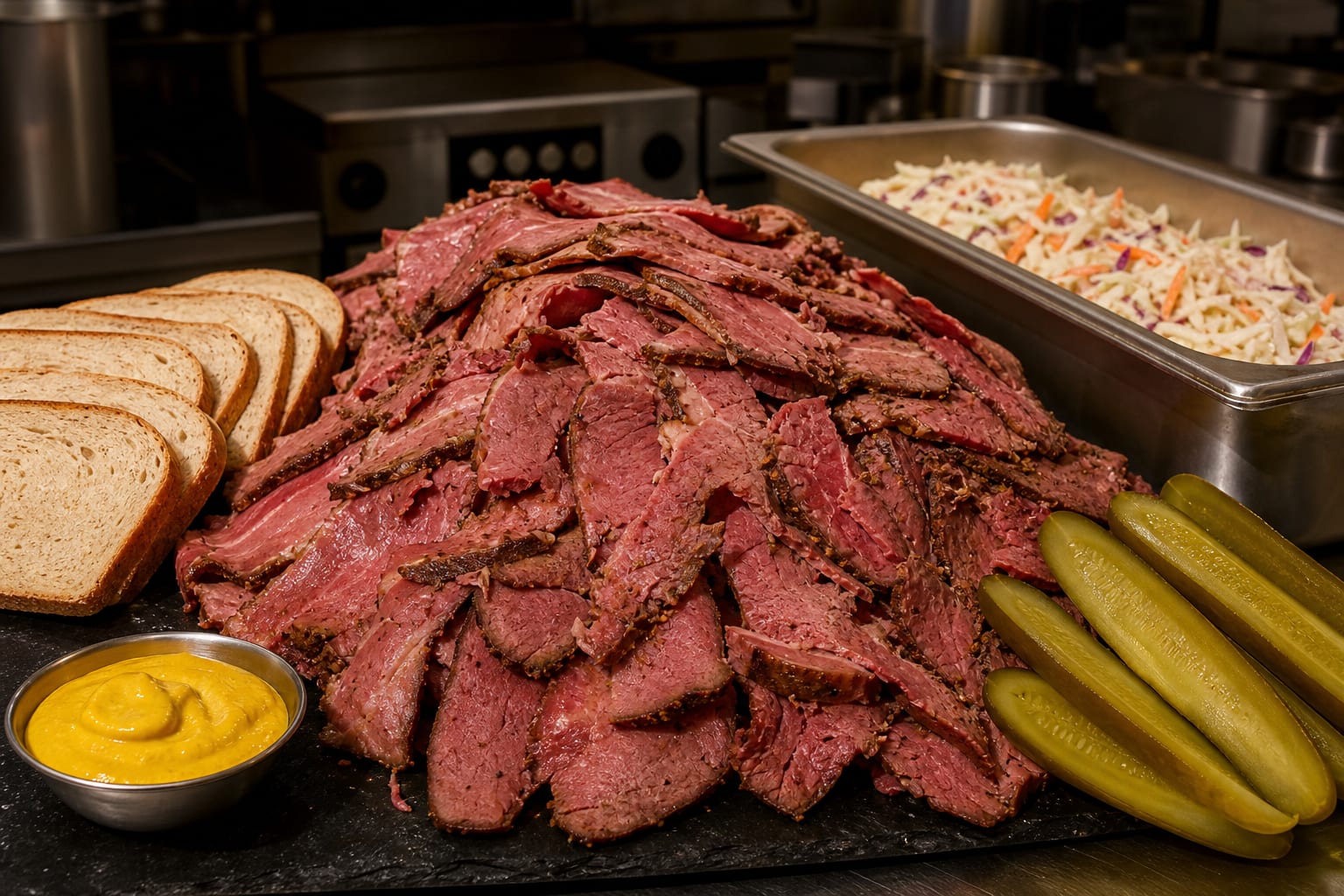 Montreal Smoked Meat Platter — beef brisket, rye bread, yellow mustard, dill pickle spears, and coleslaw