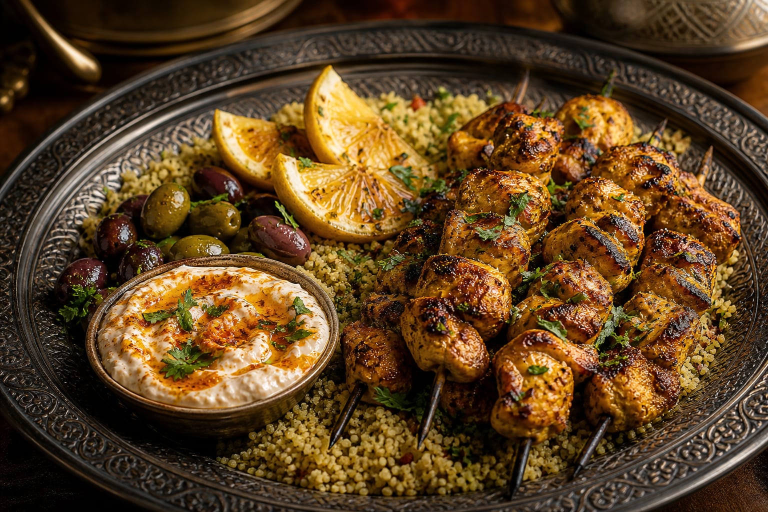 Moroccan Chicken Kebab Platter — chicken skewers, couscous, green olives, preserved lemon, and harissa