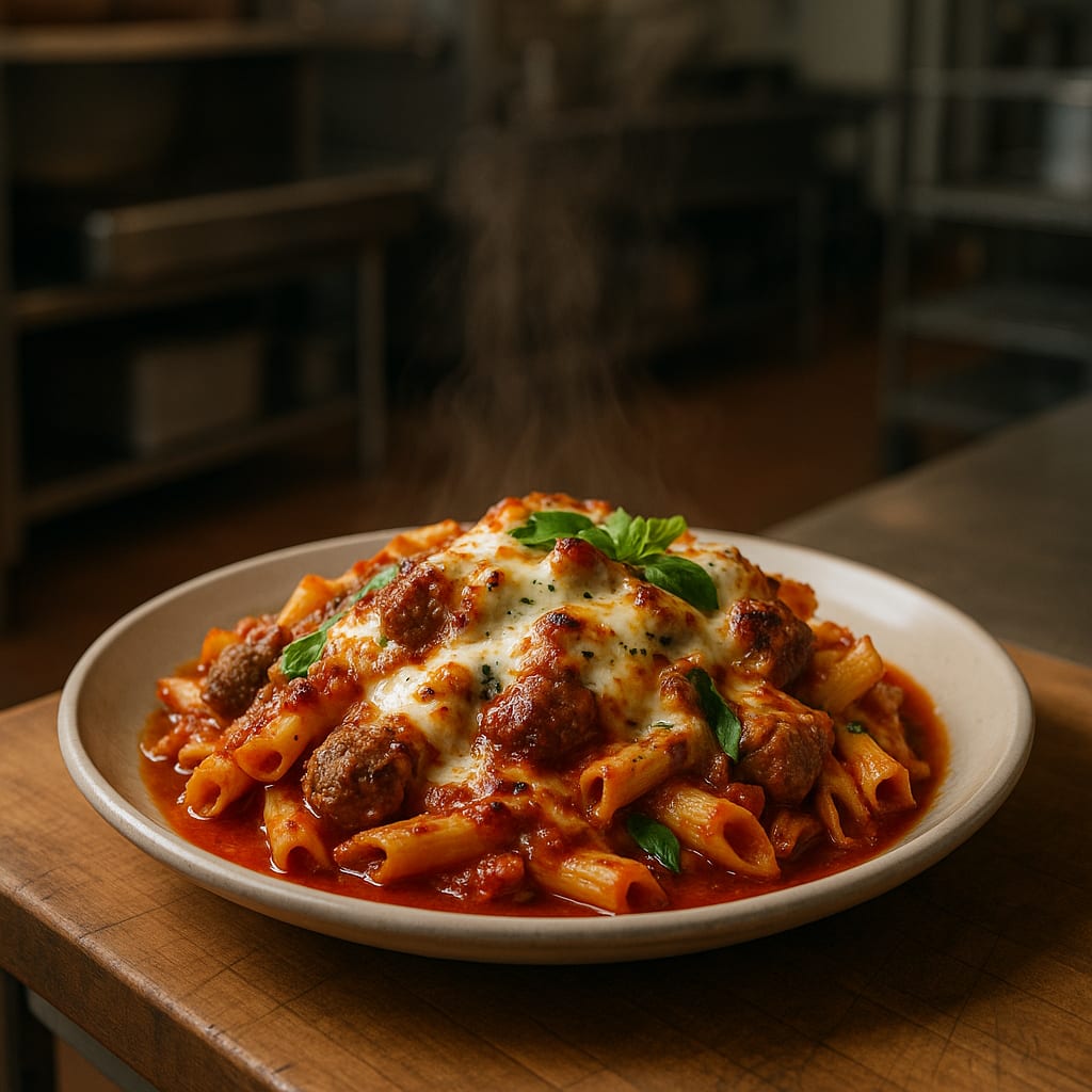 Baked Mostaccioli with Sausage — mostaccioli pasta, hot Italian sausage, marinara sauce, shredded mozzarella, and fresh basil