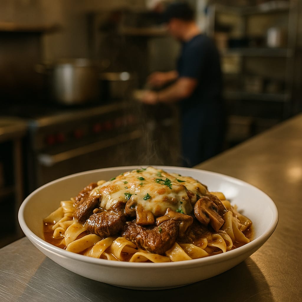Mushroom Swiss Steak Pan — sirloin steak, cremini mushrooms, wide egg noodles, and parsley