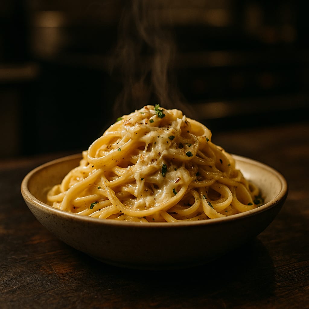 Pasta bar with penne, a choice of sauces, and garlic bread