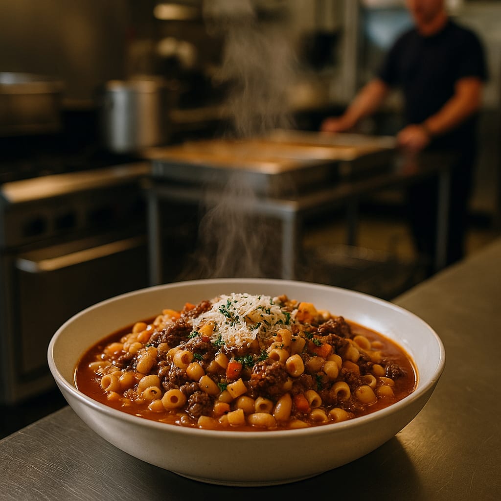 Pasta e Fagioli for the Hall — ground beef, small pasta, cannellini beans, crushed tomatoes, carrots, and grated cheese
