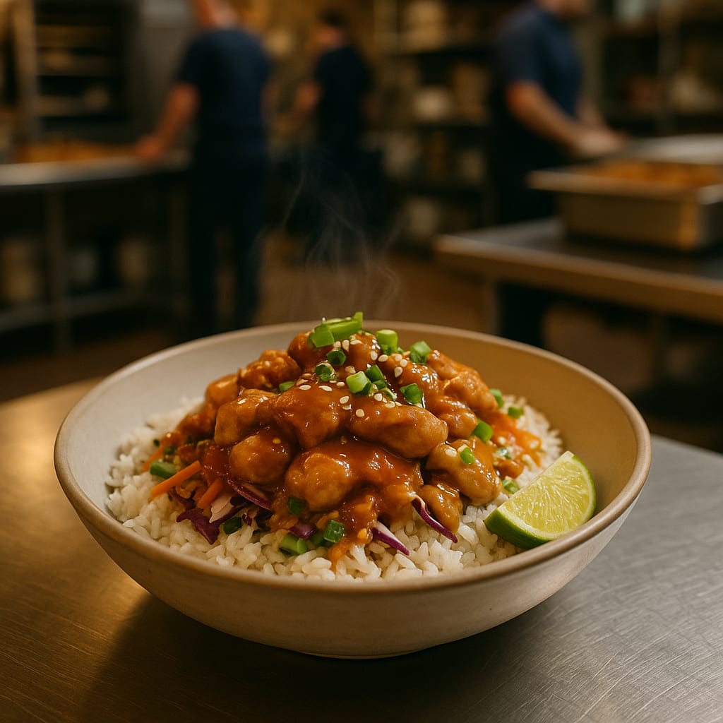 Peanut Chicken Rice Bowls — jasmine rice, shredded cabbage, carrots, lime, green onions, and sesame seeds