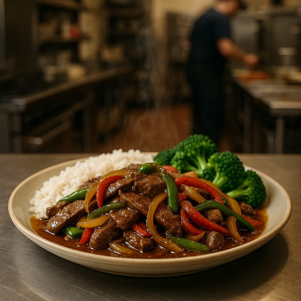 Pepper Steak with Onions — round steak, long-grain white rice, green bell pepper, red bell pepper, yellow onion, and broccoli