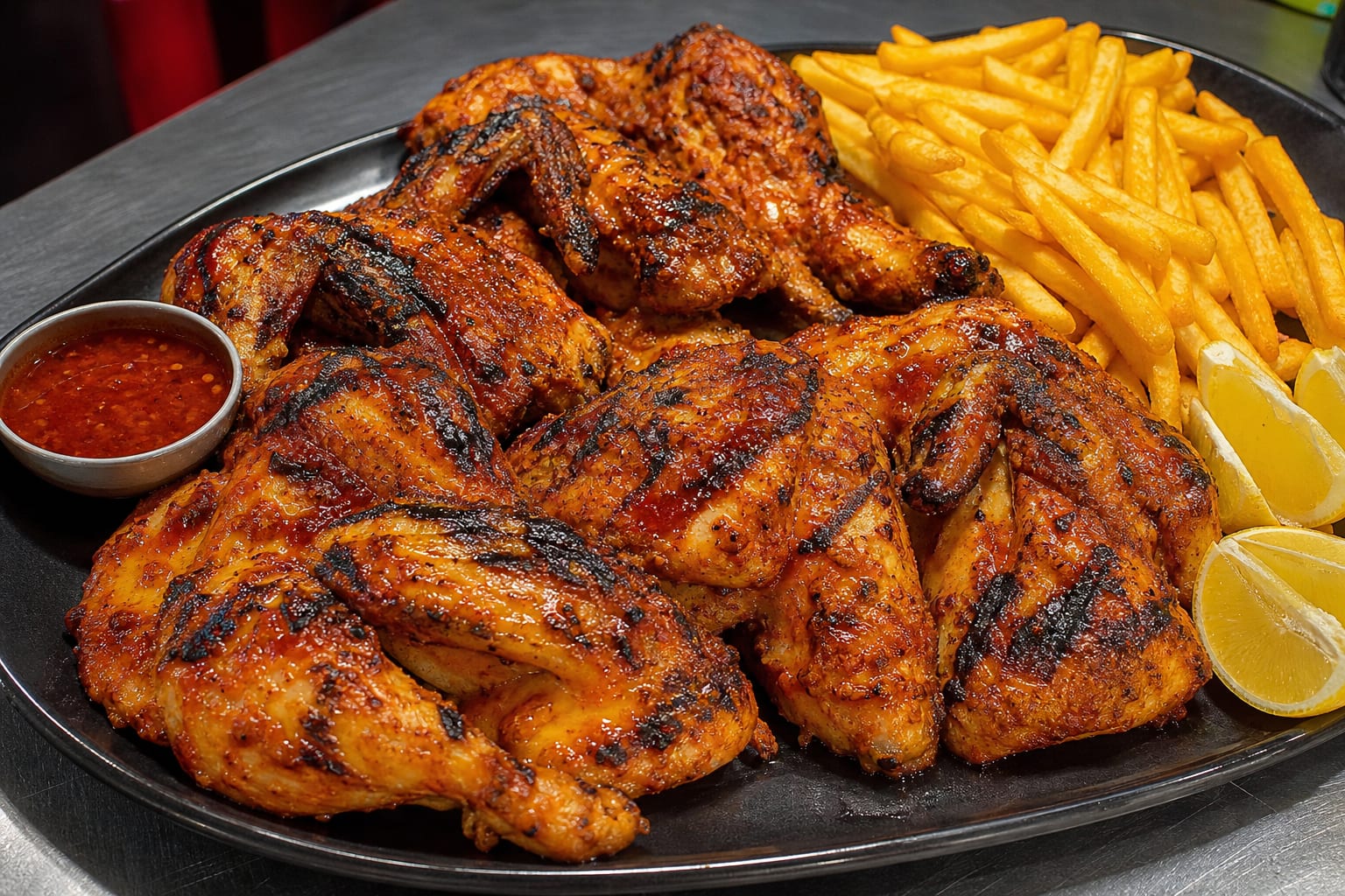 Peri Peri Chicken Platter — chicken leg quarters, lemon, sauce, and french fries