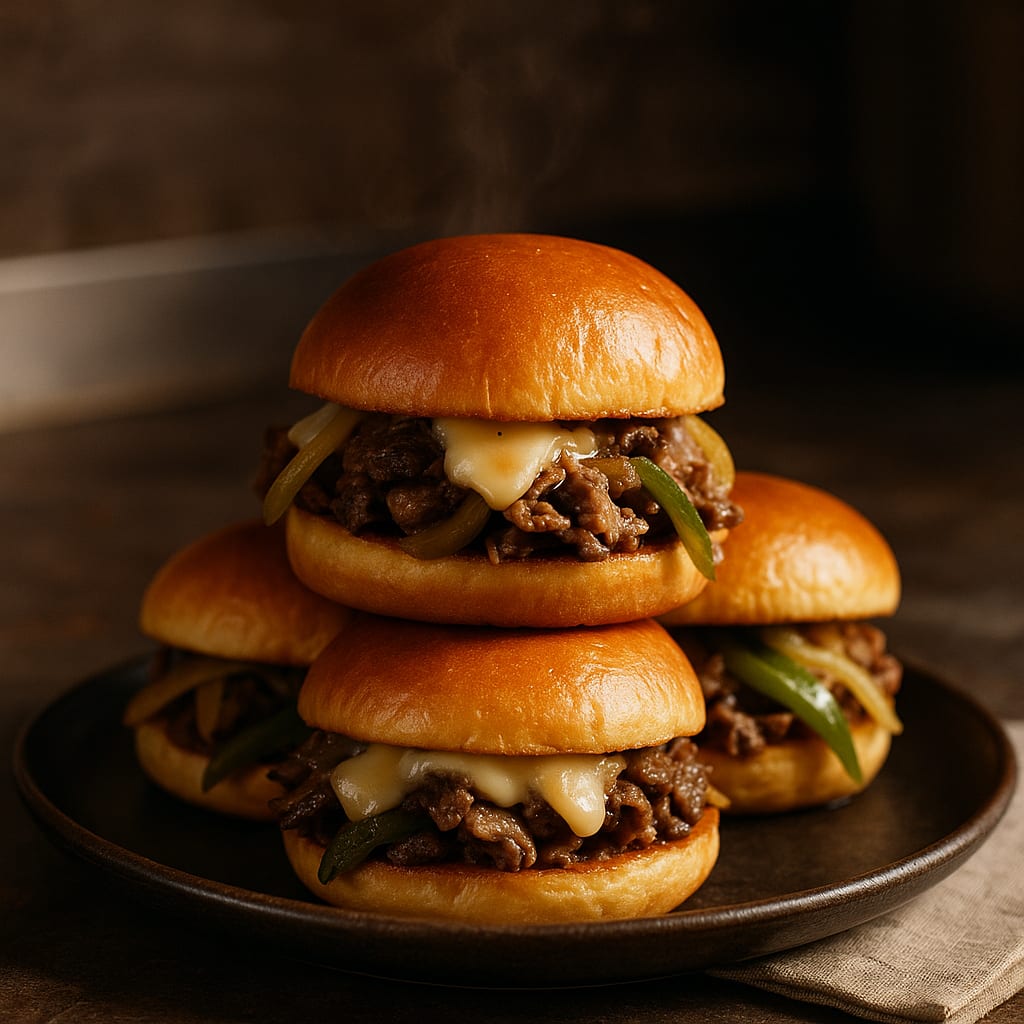 Philly Cheesesteak Sliders — ribeye steak, slider buns, provolone cheese, bell peppers, and yellow onions