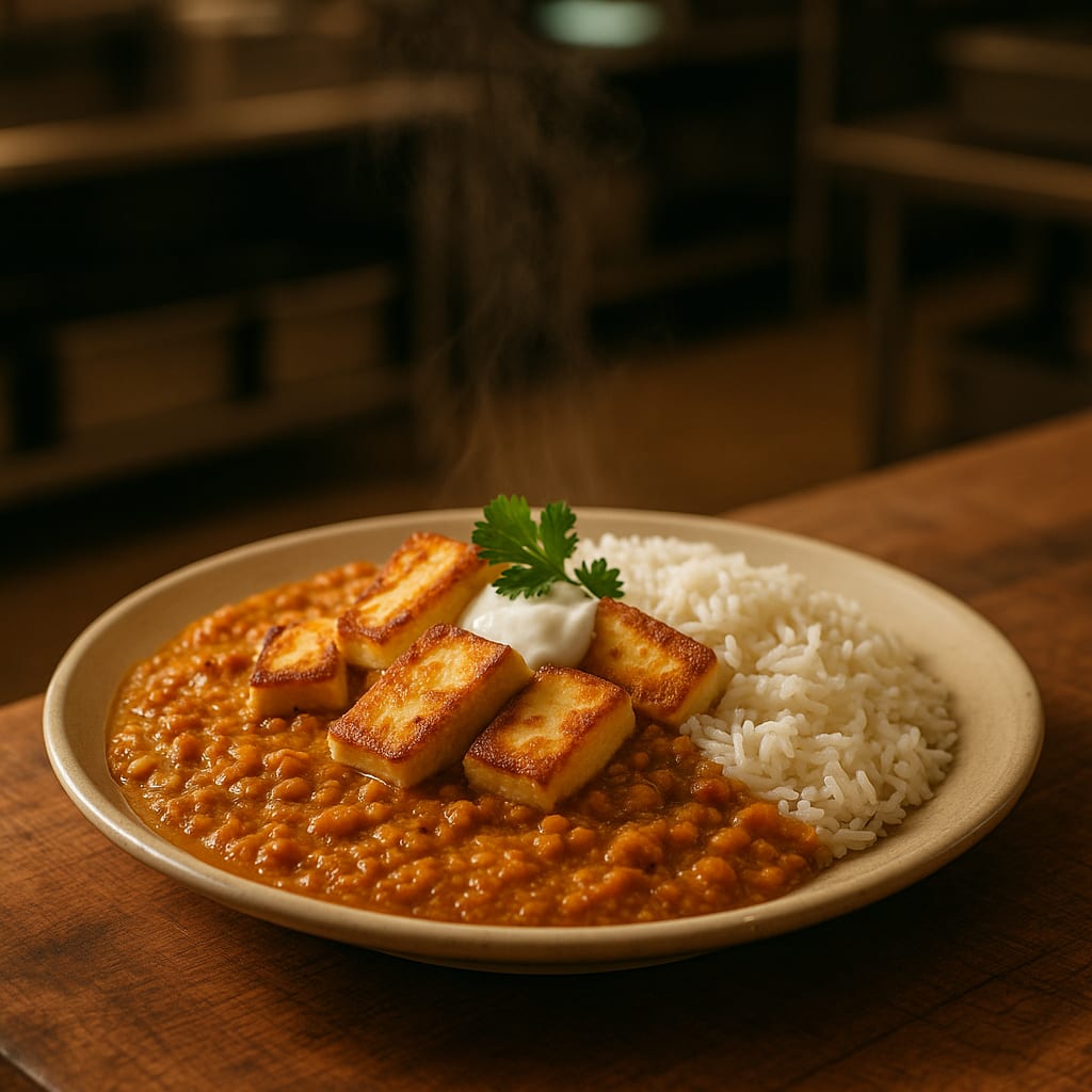 Red Lentil & Paneer Dal — a creamy red lentil dal finished with seared paneer over basmati rice