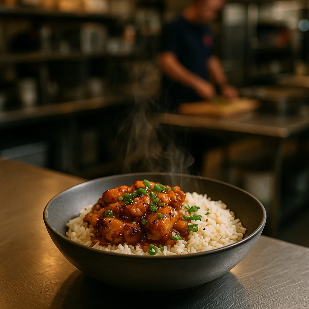 Rice Bowl Bar Night — jasmine rice, chicken thighs, teriyaki sauce, and green onions