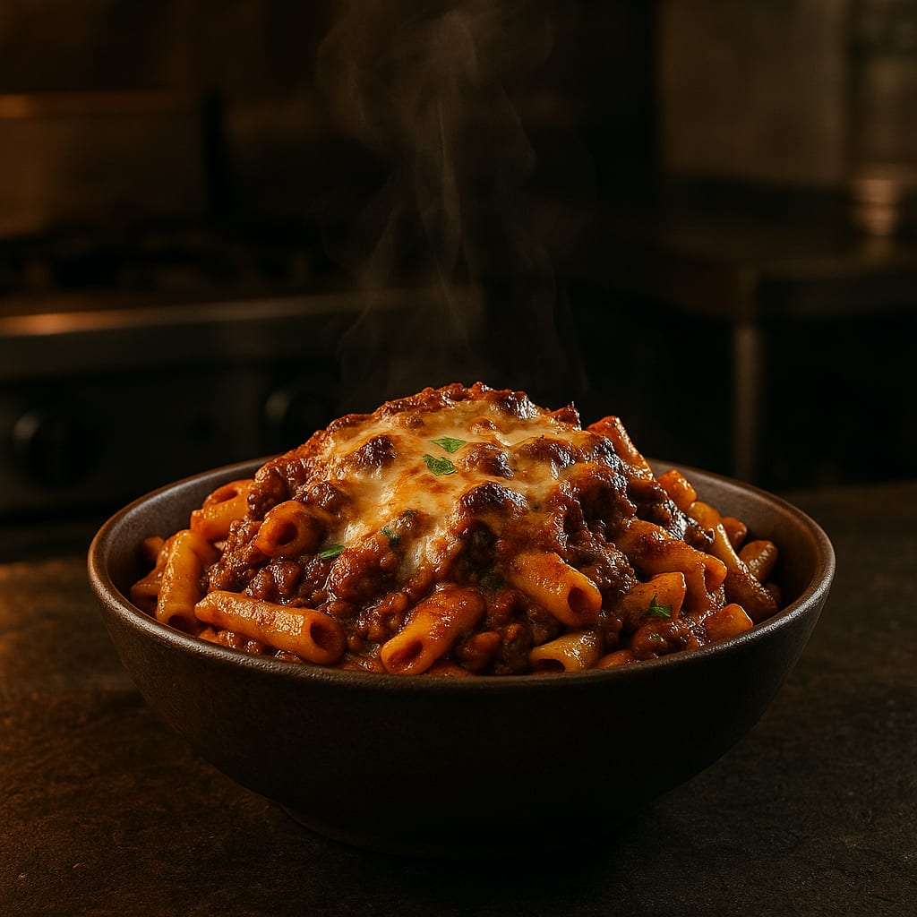 Rigatoni with Meat Sauce — rigatoni pasta and grated parmesan