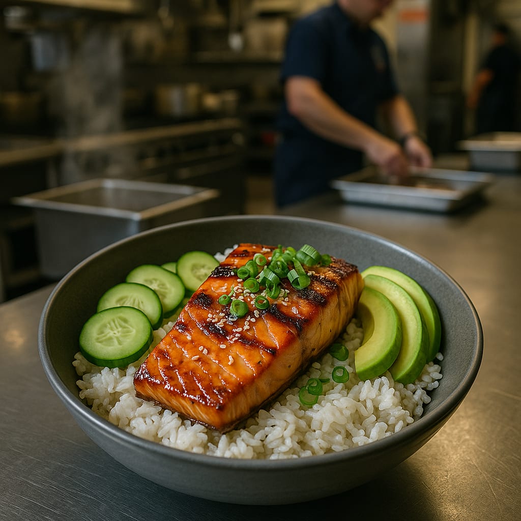 Salmon Rice Bowls for the Crew — salmon fillet, sushi rice, cucumbers, avocados, and green onions