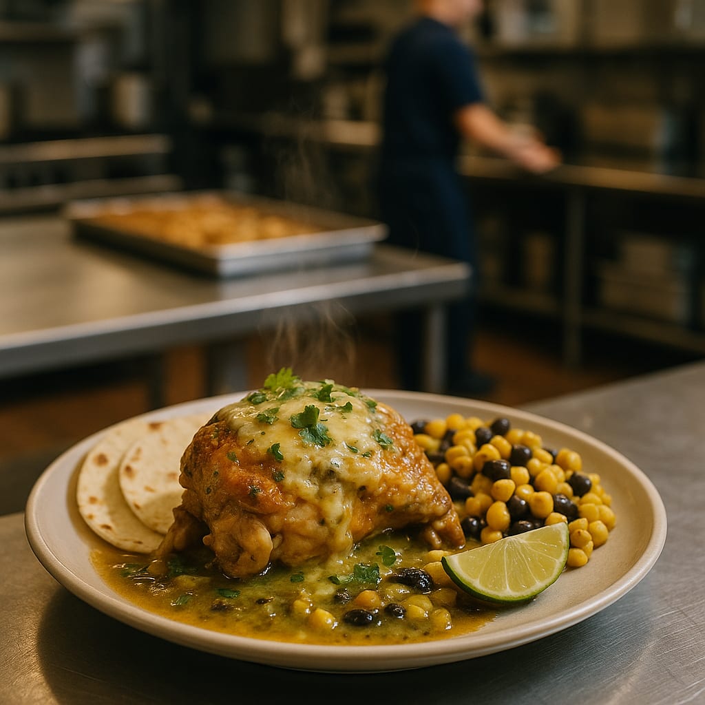 Salsa Verde Chicken Crock — chicken thighs, black beans, corn, tortillas, and limes