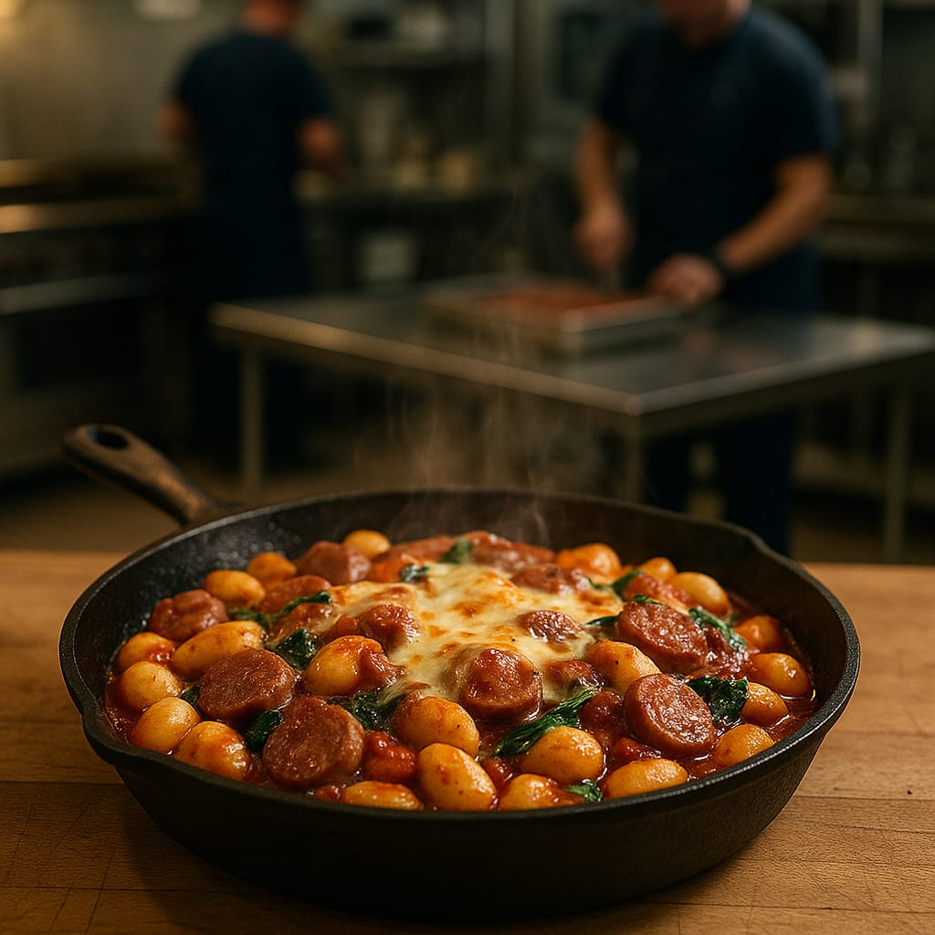 Sausage Gnocchi Skillet — italian sausage, marinara sauce, spinach, and mozzarella