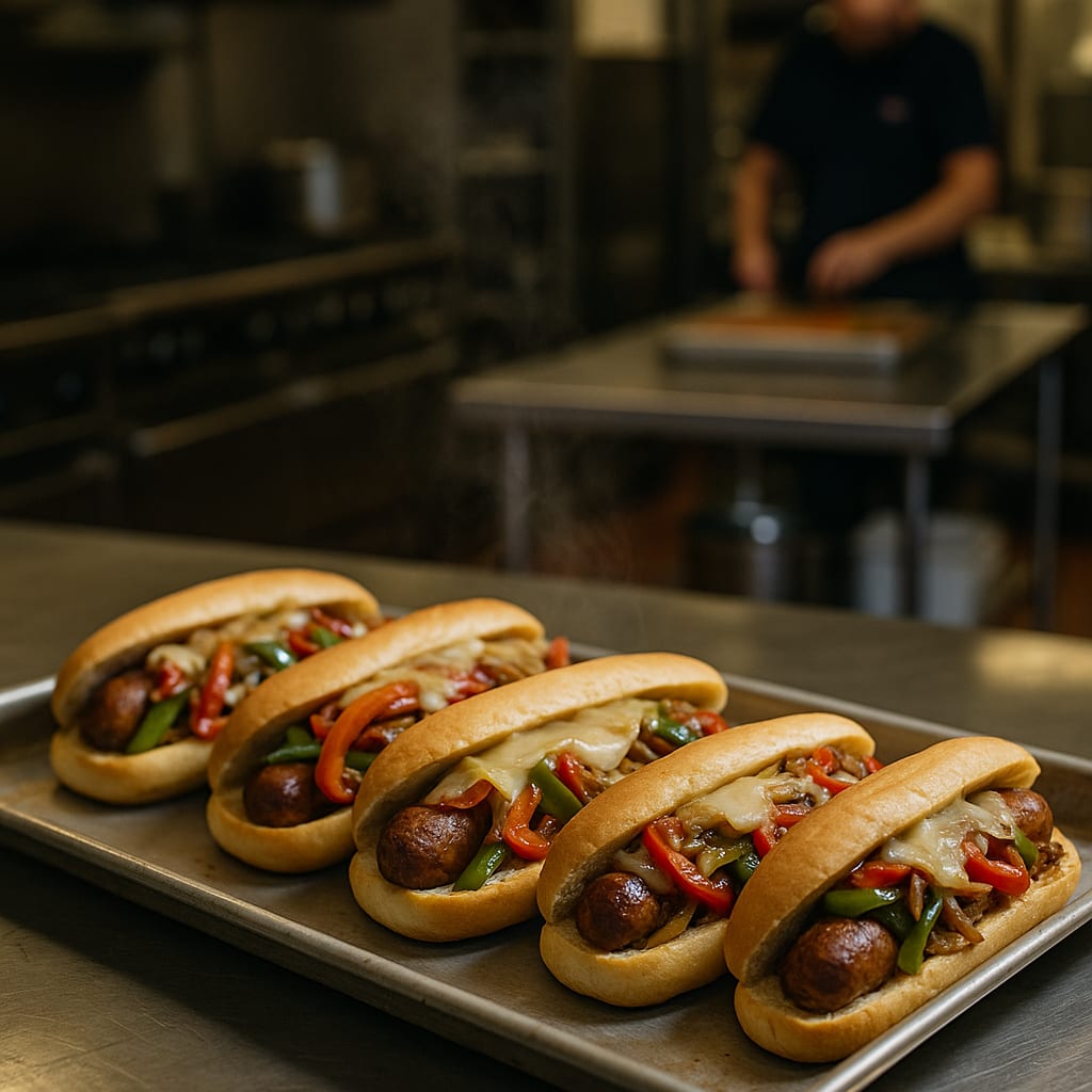 Sausage & Peppers on Buns — italian sausage links, bell peppers, yellow onions, hoagie or sub rolls, and provolone cheese