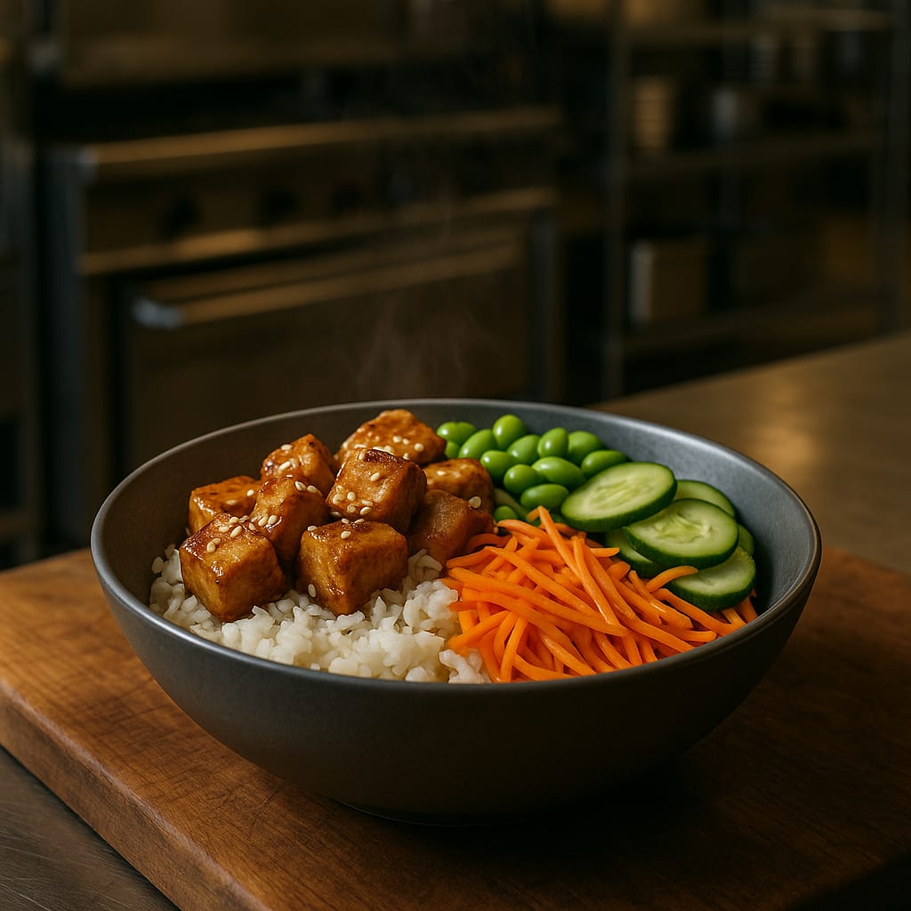 Sesame Ginger Tofu Bowls — crisped tofu, edamame, and vegetables over rice with a sesame-ginger sauce