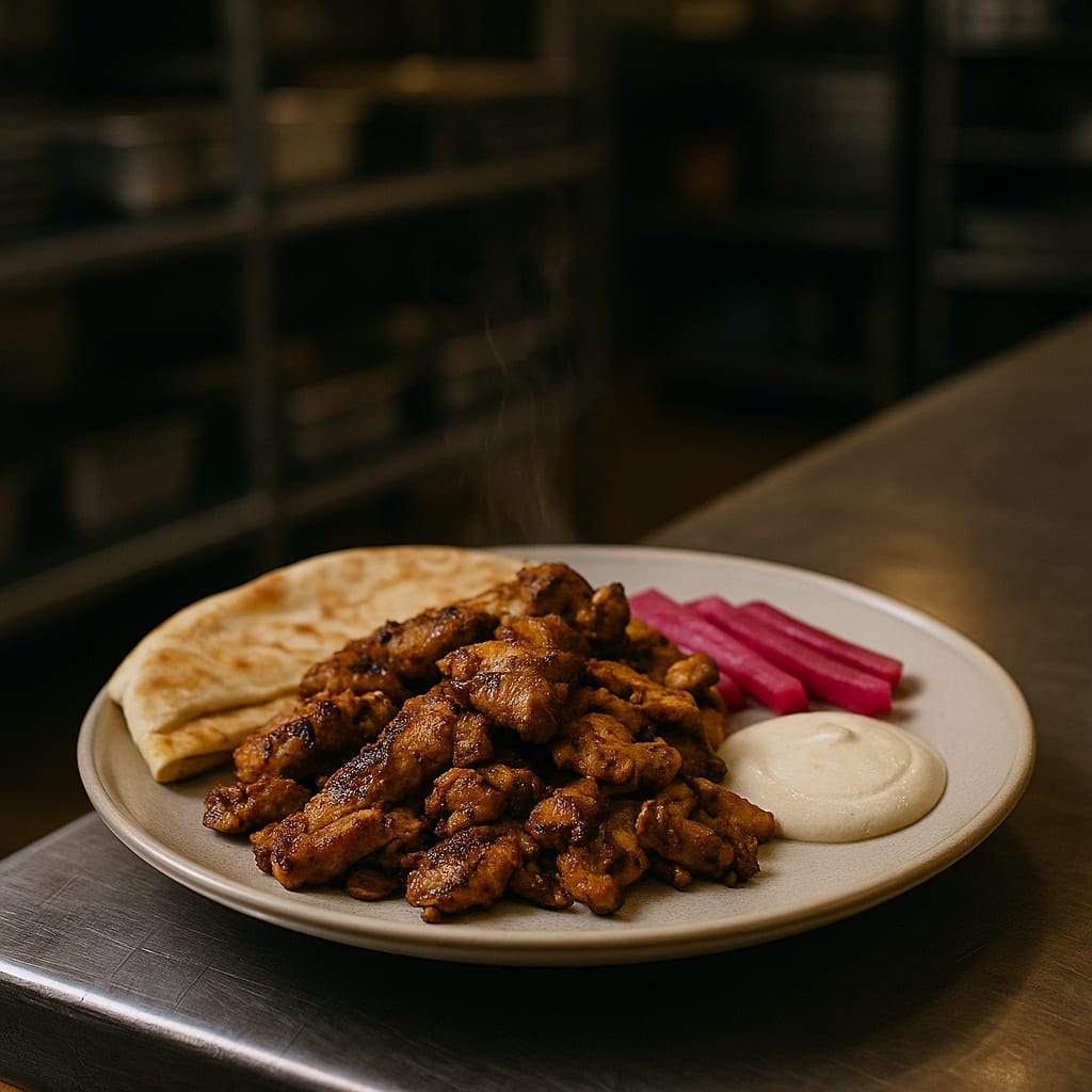 Shawarma Bar Night — boneless chicken thighs, pita, tahini sauce, and pickled turnips