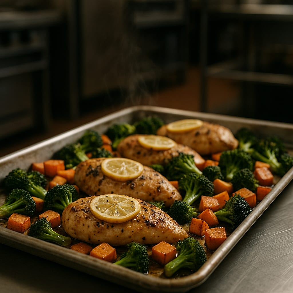 Sheet-Pan Lemon Chicken with Broccoli & Sweet Potatoes — chicken breast, sweet potato, and broccoli florets