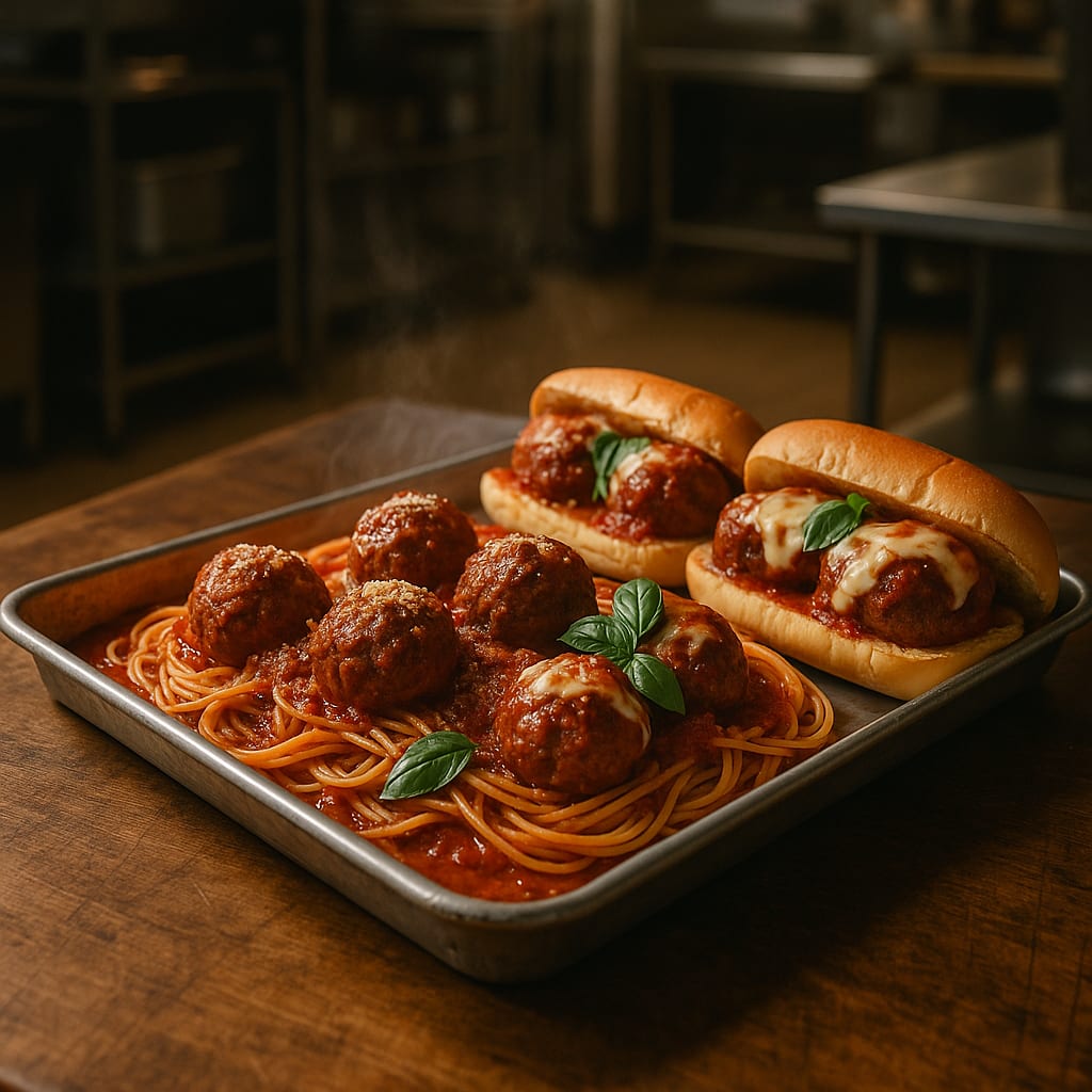 Sheet Pan Meatball Marinara Feed — marinara sauce, sub roll, and shredded mozzarella