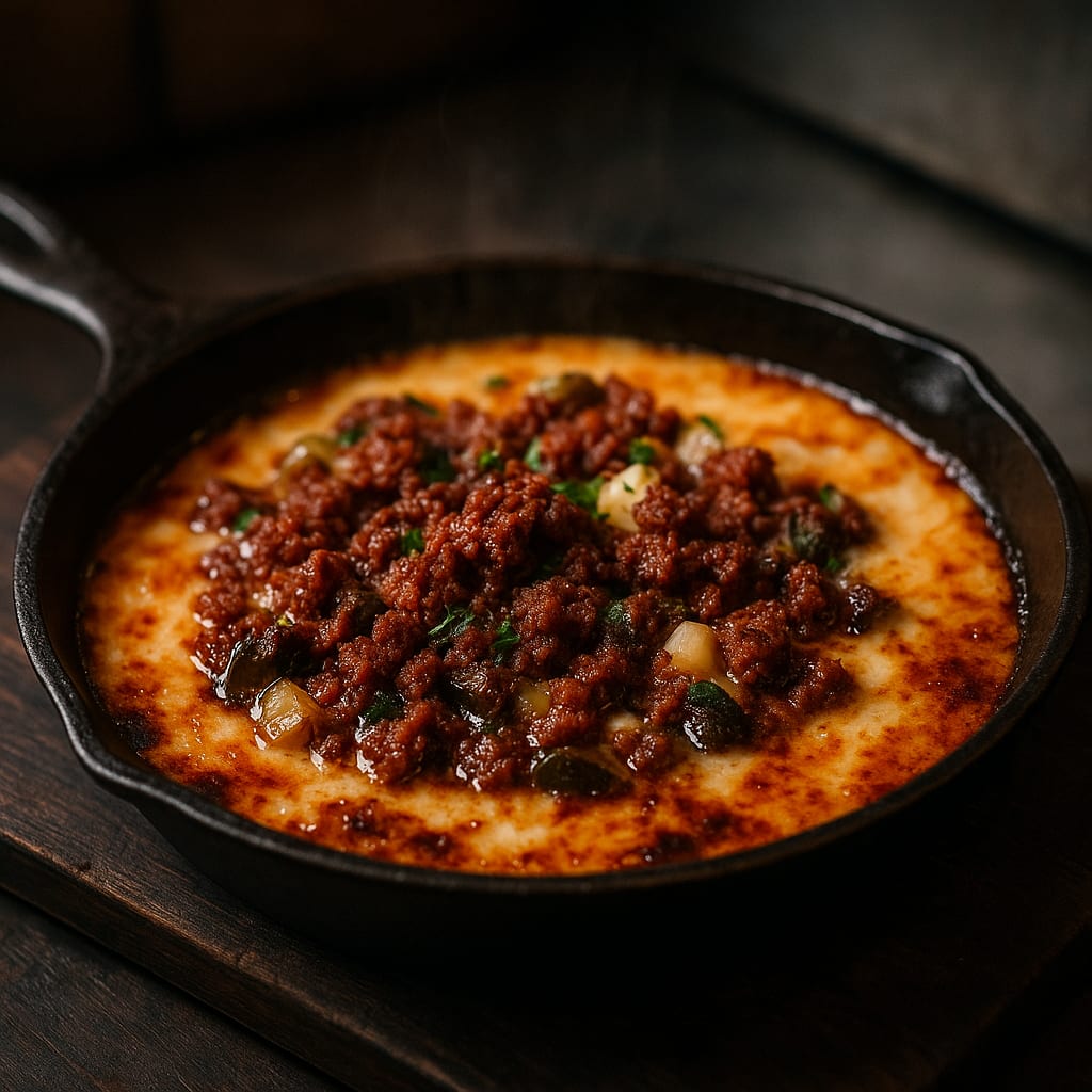 Smoked Queso Fundido — mexican chorizo, oaxaca cheese, monterey jack cheese, cream cheese, poblano peppers, and white onion