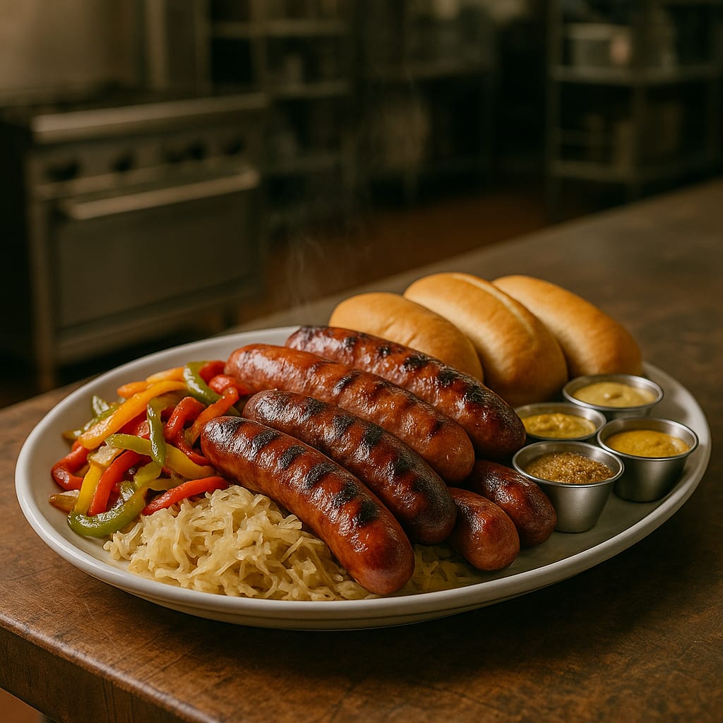 Smoked Sausage Platter — kielbasa links, andouille sausage, sweet italian sausage, bell peppers, yellow onions, sauerkraut, sub rolls, and mustard