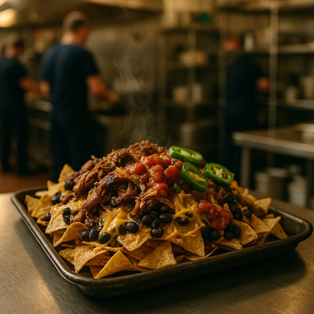 Smoker Nachos for the Crew — pulled pork, tortilla chips, shredded cheese, black beans, salsa, and jalapeños