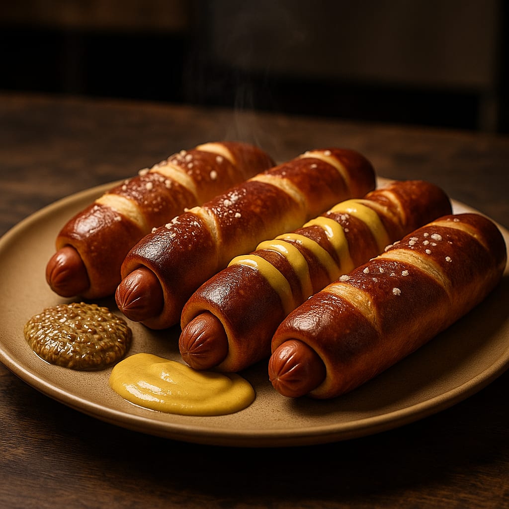 Soft Pretzel Hot Dogs — beef hot dogs, pretzel dough, coarse salt, yellow mustard, and whole-grain mustard