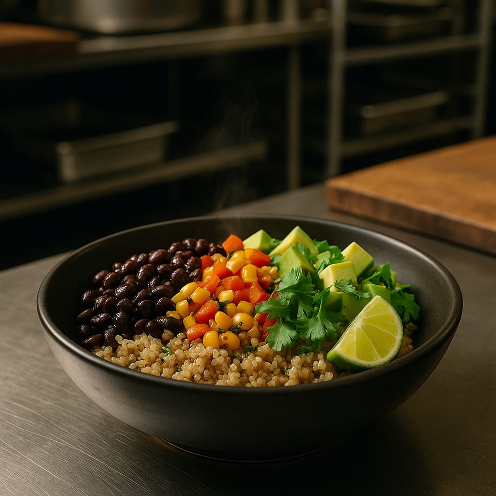 Southwest Black Bean & Corn Bowls — a cold, meal-prep-friendly bowl of black beans, corn, quinoa, and avocado with lime dressing